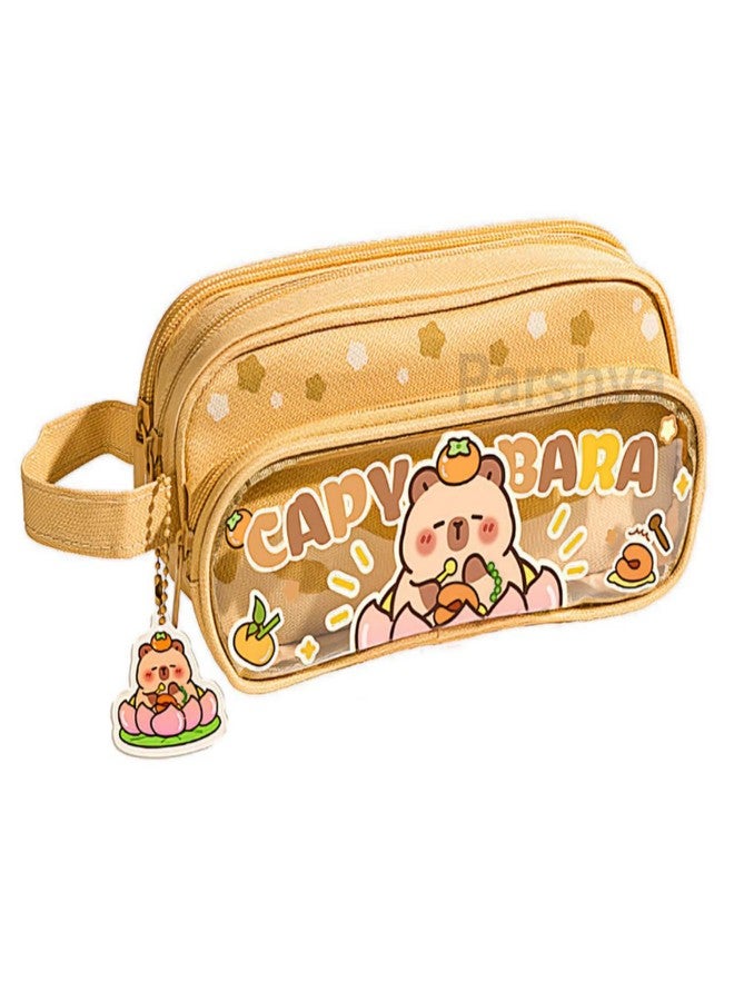 Parshya Canvas Large Capacity Transparent Cartoon Print Pencil Case 3 Layer Cute Aesthetic Pencil Case for Girls Multifunctional Stationery Organizer for School Office (Keychain Not Included) - Image 1